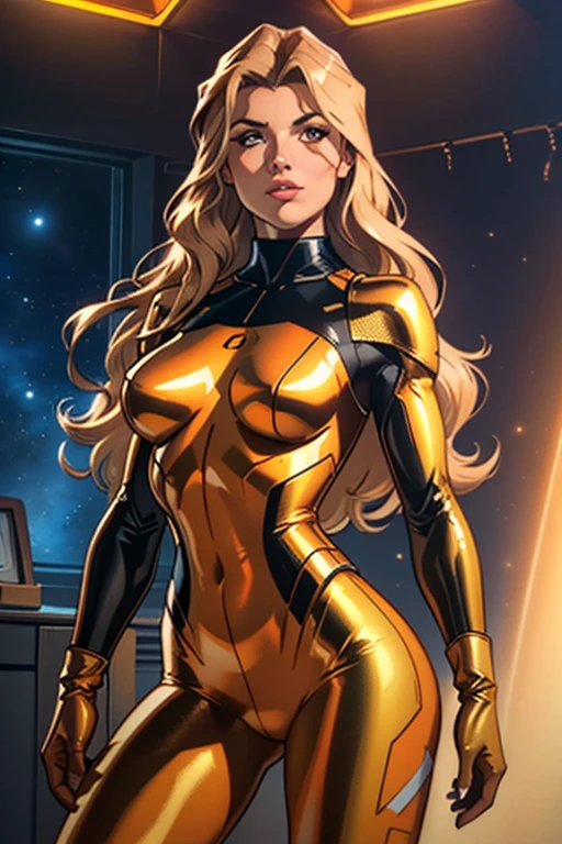 (best quality,8k:1.2,high resolution:1.2),ultra-detalhado,Realistic,retro space guardian female,static pose,long hair,rosto extremamente detalhados,long eyelashes,shine orange metalic armor over light brown nylon catsuit,all light beige pantyhose,gloves,Glossy metalic accessories,Physically-based rendering,foco nítido,studio lighting