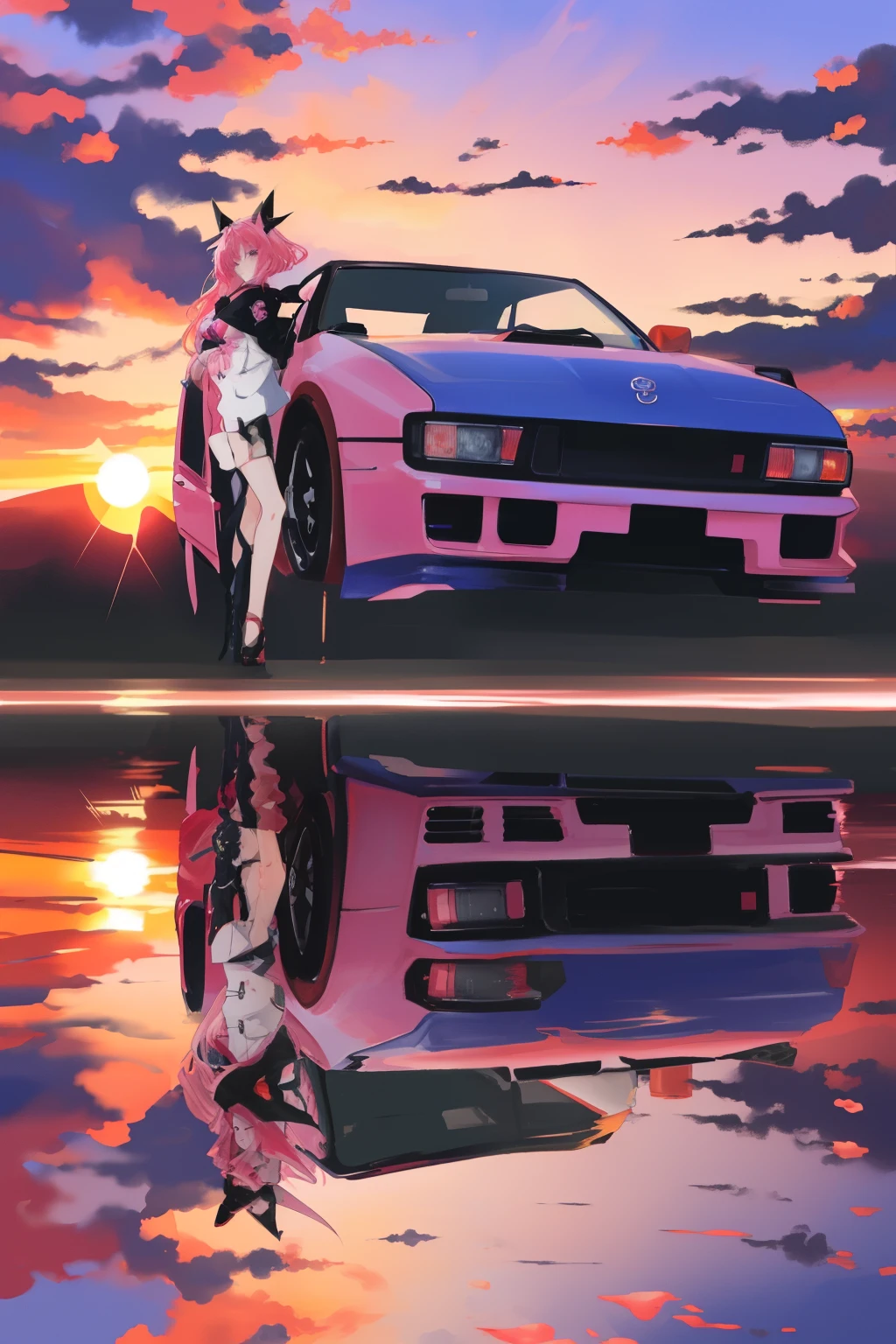 Masterpiece, best quality, 1 Nissan 180SX anime version, sleek car design, waifu figure leaning, (angled view: 1.3), (waifu in kawaii outfit: 1.0), her expressive eyes closed, admiring the car's details, (waifu long, flowing pink hair: 1.1), (reflection of colorful sunset: 1.4), (anime-style background: 1.2), cool and calm atmosphere, details of the car's logo, side view, shading and highlights enhance the car and waifu's forms.