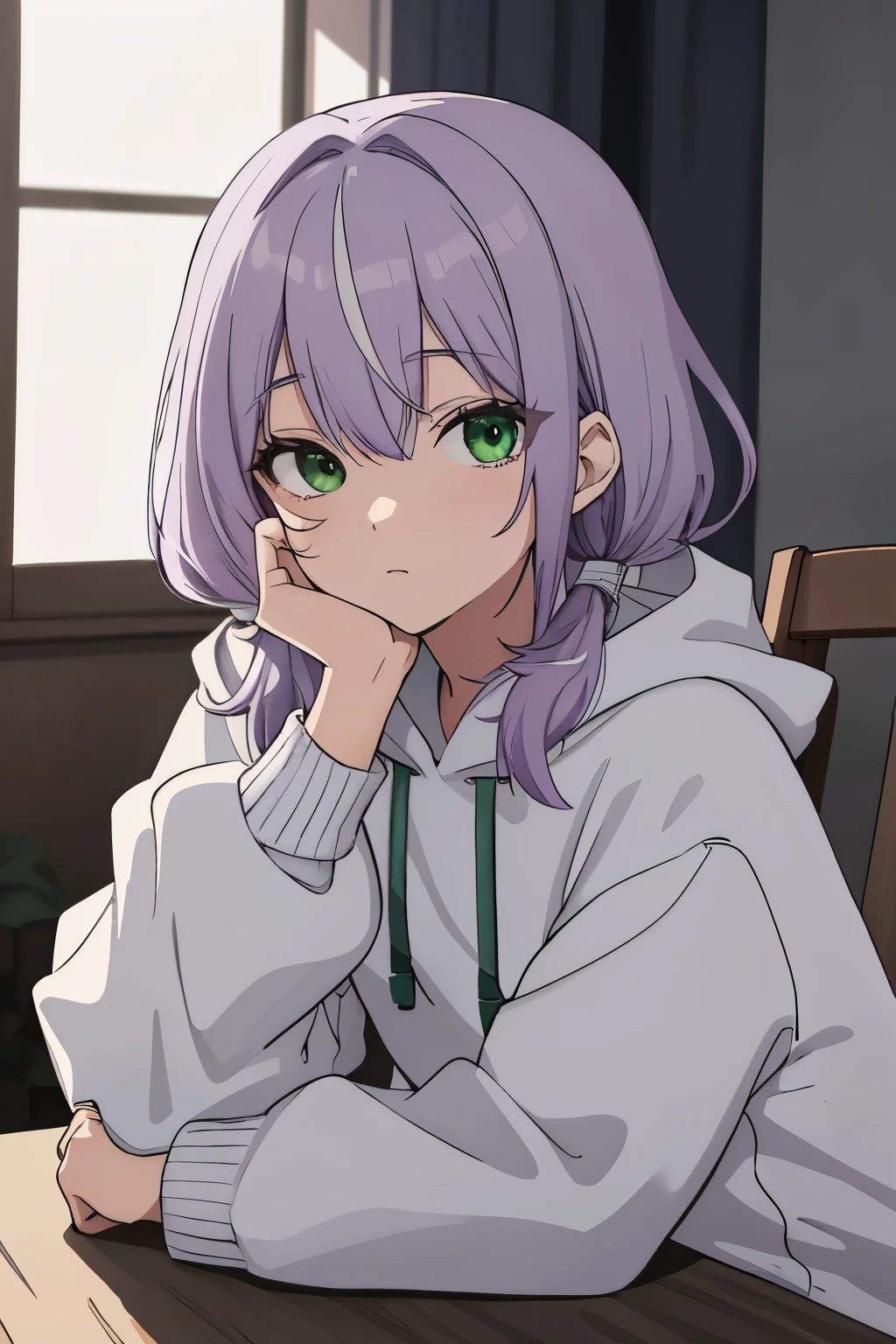 Scene View,null,anime style,night,headrest, intense angle, Curtsey,(Light purple hair)、medium hair、large round green eyes、winter scenery,highest quality、Multicolored hair、((indoor))、white hoodie,low twintails