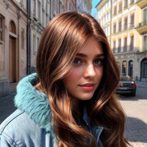 brown-haired girl, long hair very beautiful, wearing a blue jacket with a hood.