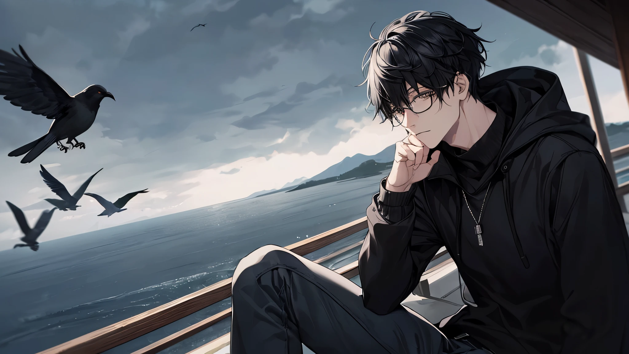 1 guy, black jeans, black sweater, black hair, press, Thin, pale, Glasses, black hair, a little sporty, Glass eyes, calm, cinematic lighting, Blur background, Best quality, Brown eyes, Sitting on top of a mountain, Looking out to sea, in a coat with a collar, There is a hood on his head, wind, Gloomy sky, dark clouds, birds, high waves,