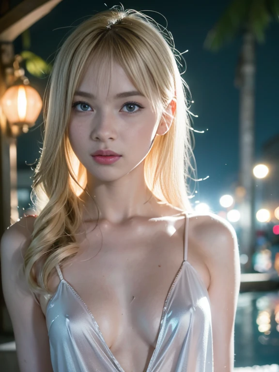 1woman, moon background, reflective ground, sitting, from side, shiny skin, intense blush, beautiful face, yellow eyes, blonde hair, long hair, cleavage, flower tattoo, jewelry, looking at viewer from side