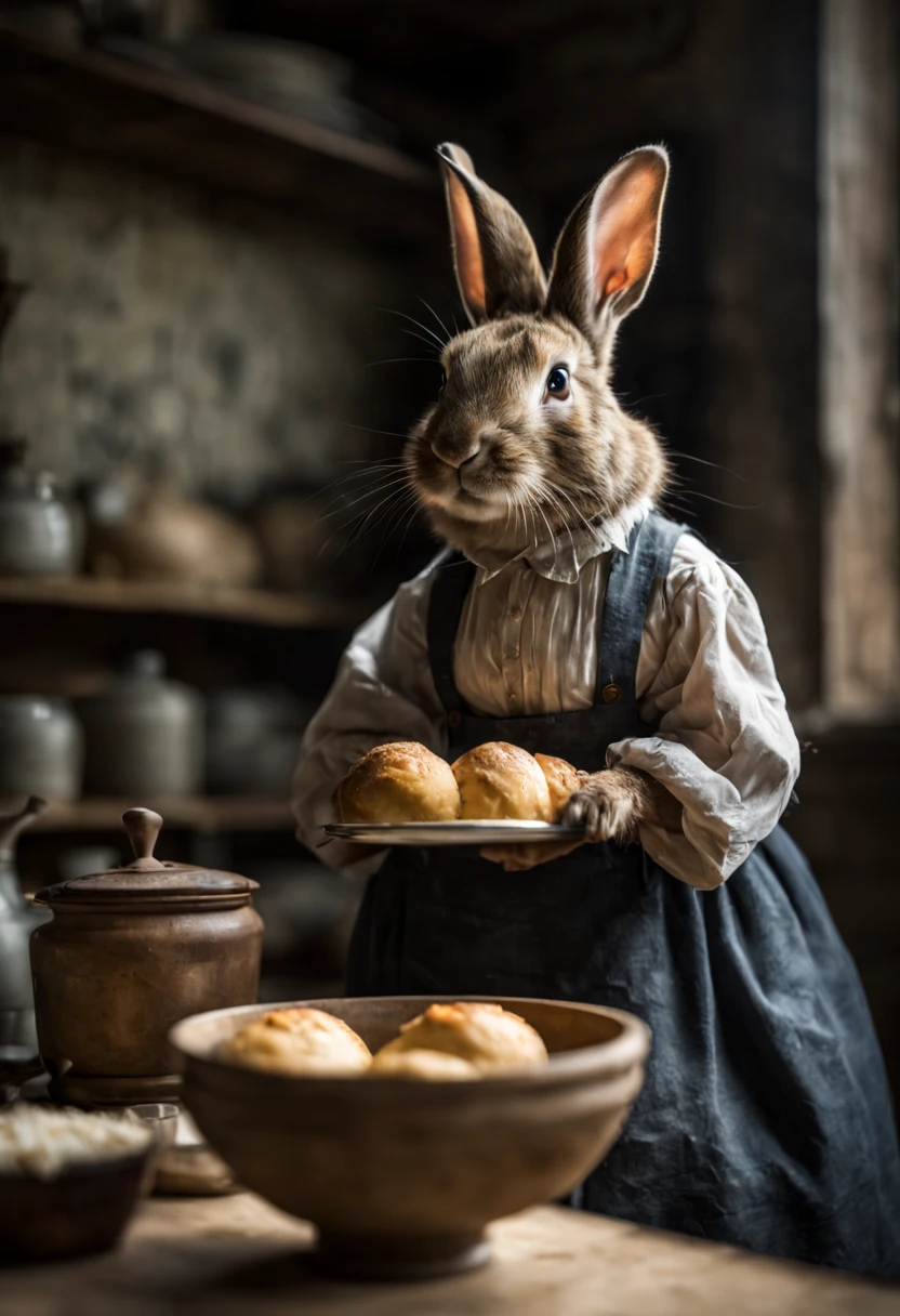 Extrememly realistic country rabbit dressed in peasant clothes in the style of Beatrix Potter , baking a cake, black mountain college, bloomsbury group, portraiture style of edwardian beauty, layered textures , elegantly formal (Rembrandt Lighting), zeiss lens, ultra realistic, (high detailed skin:1.2), 8k uhd, dslr, Dramatic Rim light, high quality, Fujifilm XT3 HDRI