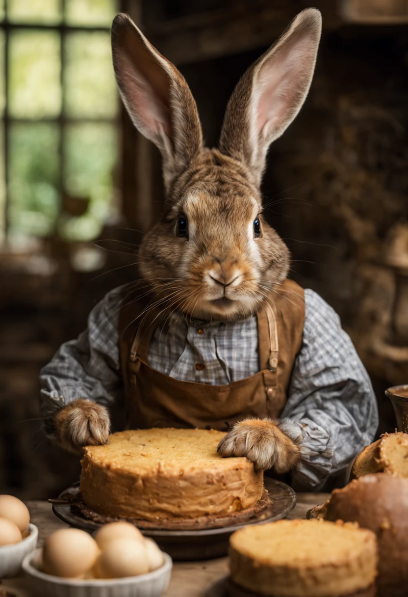 Extrememly realistic country rabbit dressed in peasant clothes in the style of Beatrix Potter , baking a cake, black mountain college, bloomsbury group, portraiture style of edwardian beauty, layered textures , elegantly formal (Rembrandt Lighting), zeiss lens, ultra realistic, (high detailed skin:1.2), 8k uhd, dslr, Dramatic Rim light, high quality, Fujifilm XT3 HDRI