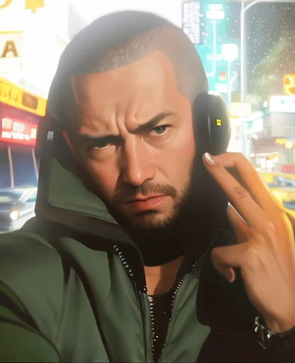 Close up of a face of a man in a green jacket, showing two fingers pretending it's a gun by his head, ((bold)), NY 70's, rainy night, big city, taxi driver movie color palette, city underground vibe, lost look, (unhappy), no future, (skinhead) , numb eyes, bom,  8k selfie photograph, patryk hardziej, aphex twin, Michael Gira 