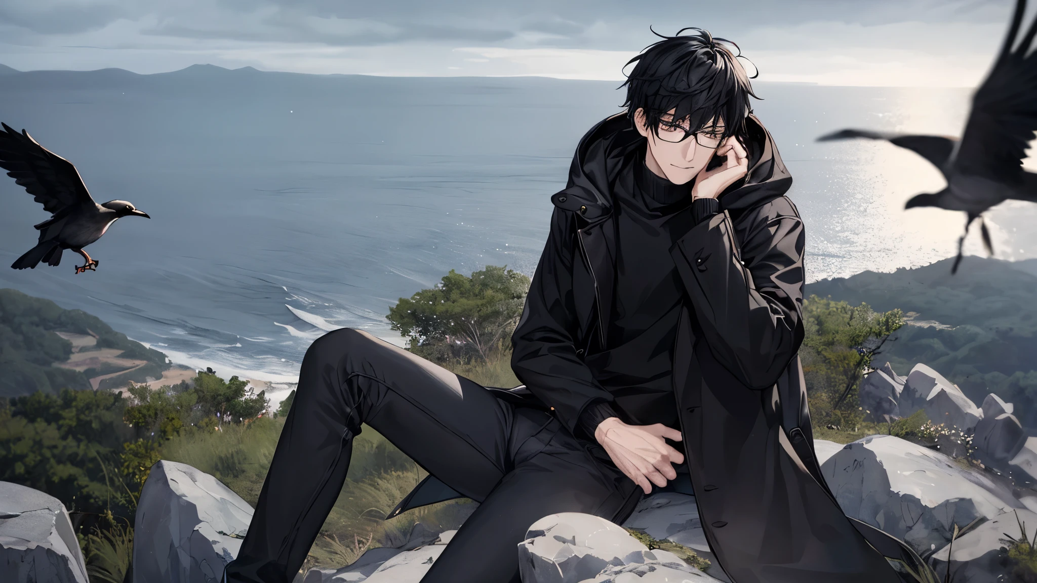1 guy, black jeans, black sweater, black hair, press, Thin, pale, Glasses, black hair, a little sporty, Glass eyes, calm, cinematic lighting, Blur background, Best quality, Brown eyes, Sitting on top of a mountain, Looking out to sea, in a coat with a collar, There is a hood on his head, wind, Gloomy sky, dark clouds, birds, high waves,