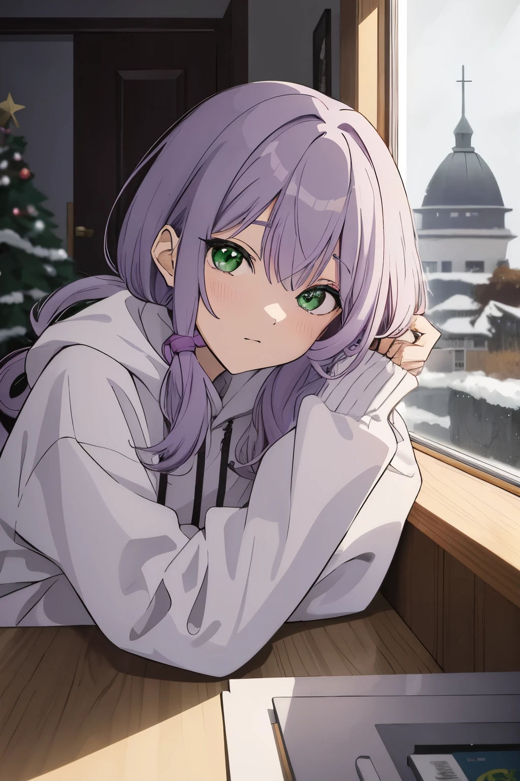 Scene View,null,anime style,night,headrest, intense angle, Curtsey,(Light purple hair)、medium hair、large round green eyes、winter scenery,highest quality、Multicolored hair、((indoor))、white hoodie,low twintails