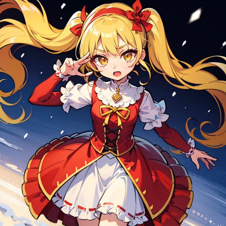 ((highest quality)), ((masterpiece)), (be familiar with), perfect face、((yellow hair))、((twin tails、twin tails))、orange eyes、snow scene、Pretty Cure Costume、Lace dress with a big ribbon、((1 girl))、((red headband))、Landscape、mini skirt