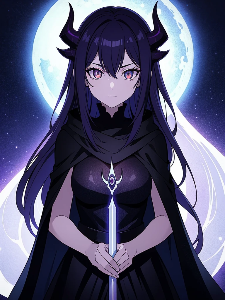 Malachor Shadowbane is a formidable figure draped in a cloak of swirling shadows. Her piercing crimson eyes glow with malevolence, contrasting sharply with her pale, almost ghostly complexion. A sinister air surrounds her as dark energy emanates from the ornate, obsidian staff she wields.