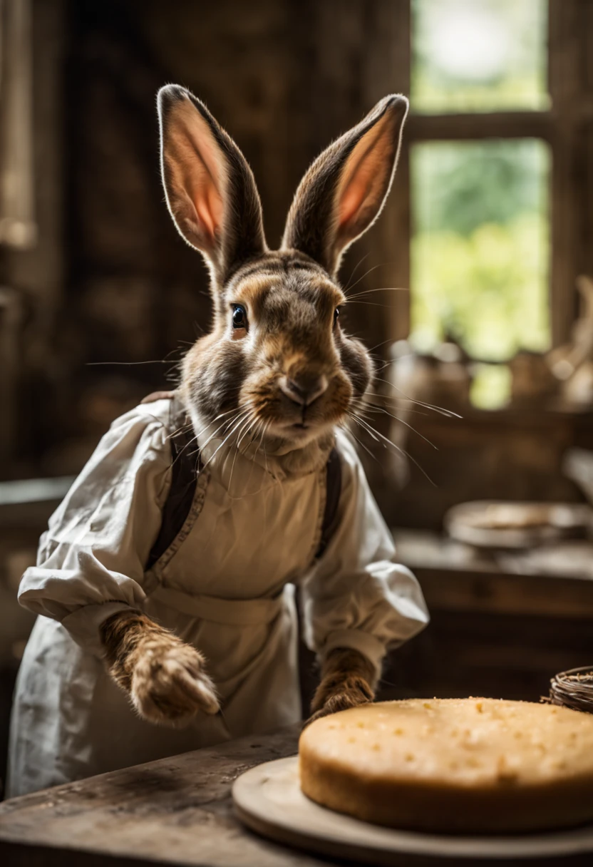 Extrememly realistic country rabbit dressed in peasant clothes in the style of Beatrix Potter , baking a cake, black mountain college, bloomsbury group, portraiture style of edwardian beauty, layered textures , elegantly formal (Rembrandt Lighting), zeiss lens, ultra realistic, (high detailed skin:1.2), 8k uhd, dslr, Dramatic Rim light, high quality, Fujifilm XT3 HDRI