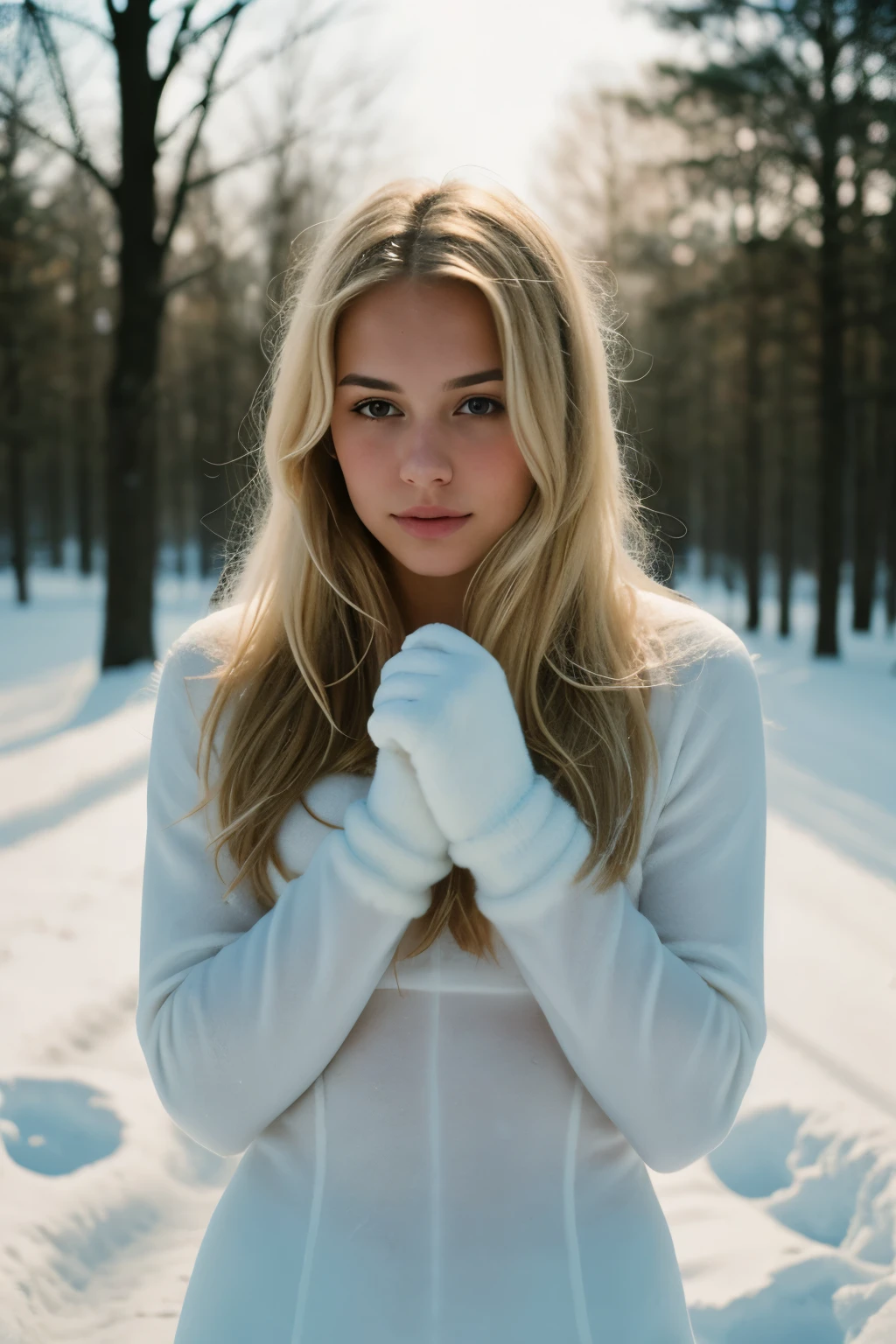 analog raw candid photo of a beautiful young woman, realistic skin texture, dirty blonde hair, slim, (closed mouth:1.1), erotic, relaxed, haze lighting, winter, snow, 35mm, full Body, slim, atheletic, gloves