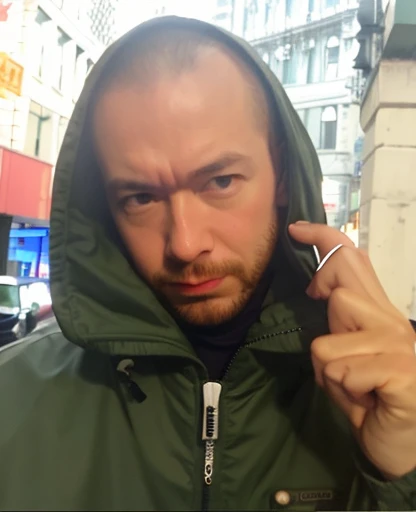 Close up of a face of a man in a green jacket, showing two fingers pretending it's a gun by his head, ((bold)), NY 70's, rainy night, big city, taxi driver movie color palette, city underground vibe, lost look, (unhappy), no future, (skinhead) , numb eyes, bom, 8k selfie photograph, patryk hardziej, aphex twin, Michael Gira