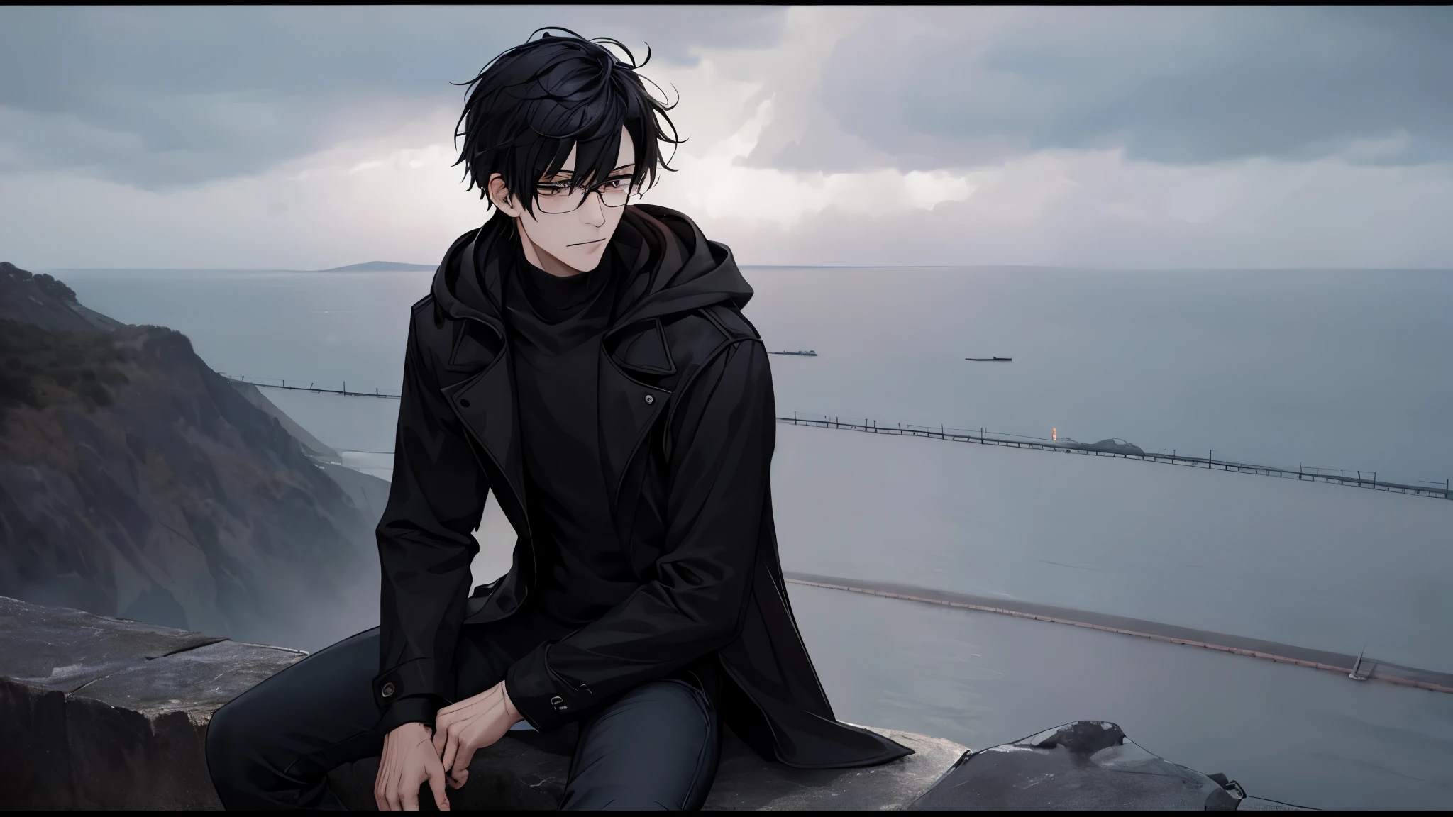 1 guy, black jeans, black sweater, black hair, press, Thin, pale, Glasses, black hair, a little sporty, Glass eyes, calm, cinematic lighting, Blur background, Best quality, Brown eyes, Sitting on top of a mountain, Looking out to sea, in a coat with a collar, There is a hood on his head, wind, Gloomy sky, dark clouds, high waves,