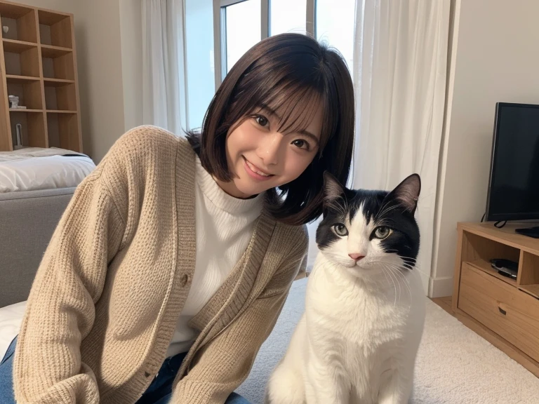 (( highest quality, 8K, masterpiece :1.3)), A face like Mio Imada、looking at the viewer、smiling、16 year old girl、chest bulge、bob hairstyle、Highest image quality、Being in a Japanese-style room、Holding a cat with its eyes closed、wearing large size knitwear
