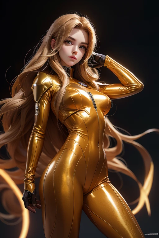 (best quality,8k:1.2,high resolution:1.2),ultra-detalhado,Realistic,retro space guardian female,static pose,long hair,rosto extremamente detalhados,long eyelashes,shine orange metalic armor over light brown nylon catsuit,all light beige pantyhose,gloves,Glossy metalic accessories,Physically-based rendering,foco nítido,studio lighting