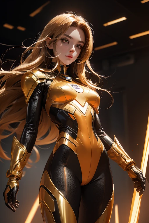 (best quality,8k:1.2,high resolution:1.2),ultra-detalhado,Realistic,retro space guardian female,static pose,long hair,rosto extremamente detalhados,long eyelashes,shine orange metalic armor over light brown nylon catsuit,all light beige pantyhose,gloves,Glossy metalic accessories,Physically-based rendering,foco nítido,studio lighting