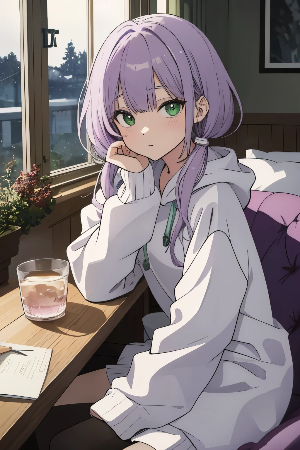 Scene View,null,anime style,night,headrest, intense angle, Curtsey,(Light purple hair)、medium hair、large round green eyes、winter scenery,highest quality、Multicolored hair、((indoor))、white hoodie,low twintails