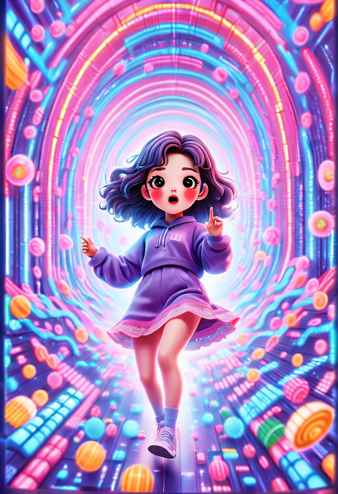 vaporwave style, Beautiful detailed, Vector illustration, Minimalism, digital illustration, Vector illustration,Minimalism,digital illustration,Hacker wearing sweatshirt and mask is working,T-shirt design,dramatic lighting,Art exhibition trends ,Award-winning,icon,Highly detailed cute bubbly Korean girl 18 years old Shim Eun Kyung singing loudly in front of super huge LED screen),(happy),()Hold the microphone in your hand),(Jumping pose,dynamic action),inspired by《strange her》,Shen Eun-kyung combed her hair into a slightly curly baby style,Very fair skin,,Wearing a purple embroidered lace dress,background:LED screen, dramatic lighting,