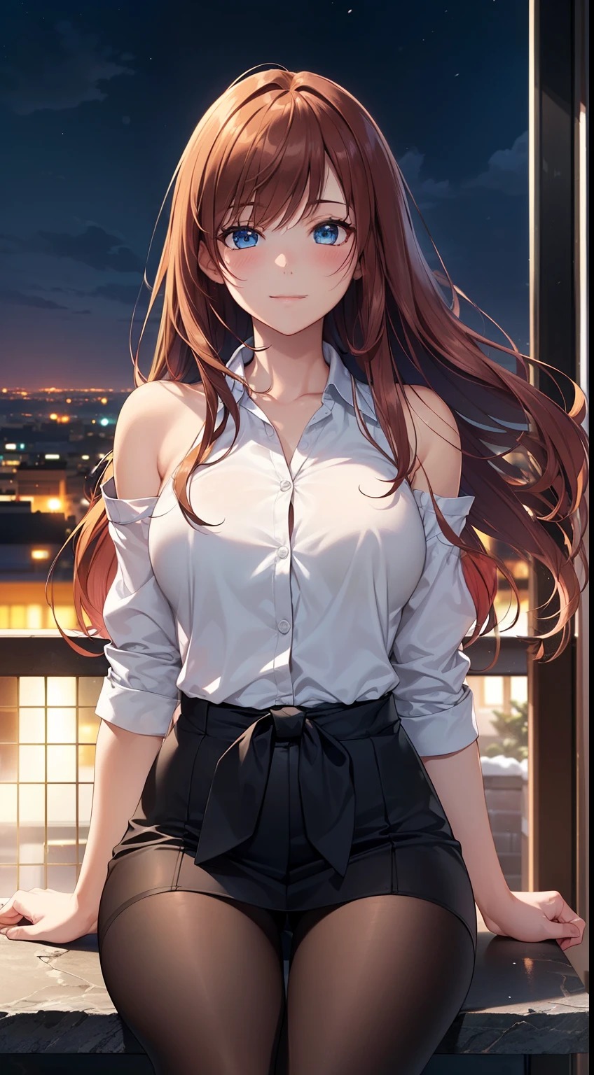 ((masterpiece, best quality, high resolution, ultra high definition, Pixel perfect, depth of field, 4K, RTX, human development report))), 1girl in, single, alone, Beauty、see whole body、 ((Long hair to waist, Short Liuhai, reddish brown hair)), ((blue eyes, beautiful eyelashes, realistic eyes)), ((Detailed face, blush:1.2)), ((smooth texture:0.75, lifelike质感:0.65, lifelike:1.1, Anime CG style)), medium breasts, Perfect body, ((Office worker suit, bare shoulders ,Black tights)), Smile, side sitting position, Look from the bottom up、(The wind is strong and blows my hair,Expose left shoulder、Black tights) , Night view hot spring,Snowy nights