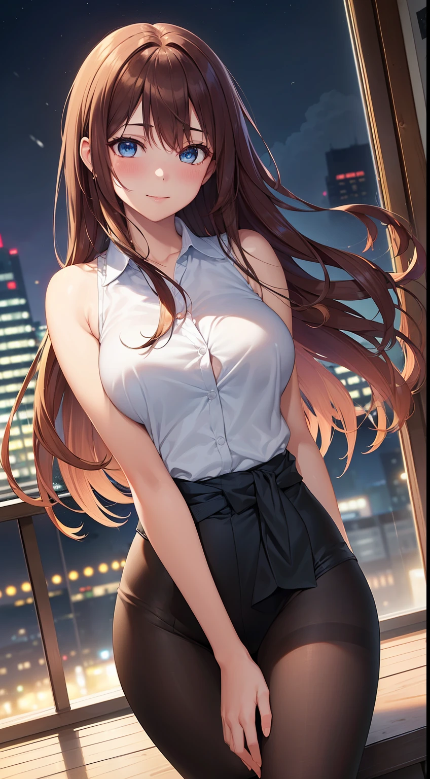 ((masterpiece, best quality, high resolution, ultra high definition, Pixel perfect, depth of field, 4K, RTX, human development report))), 1girl in, single, alone, Beauty、see whole body、 ((Long hair to waist, Short Liuhai, reddish brown hair)), ((blue eyes, beautiful eyelashes, realistic eyes)), ((Detailed face, blush:1.2)), ((smooth texture:0.75, lifelike质感:0.65, lifelike:1.1, Anime CG style)), medium breasts, Perfect body, ((Office worker suit, bare shoulders ,Black tights)), Smile, side sitting position, Look down from above、(The wind is strong and blows my hair,Expose left shoulder、Black tights) , Night view hot spring,Snowy nights