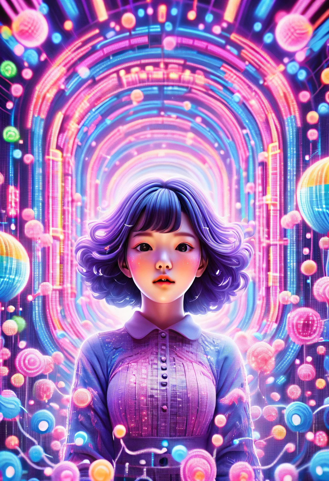 vaporwave style, Beautiful detailed, Vector illustration, Minimalism, digital illustration, Vector illustration,Minimalism,digital illustration,Hacker wearing sweatshirt and mask is working,T-shirt design,dramatic lighting,Art exhibition trends ,Award-winning,icon,Highly detailed cute bubbly Korean girl 18 years old Shim Eun Kyung singing loudly in front of super huge LED screen),(happy),()Hold the microphone in your hand),(Jumping pose,dynamic action),inspired by《strange her》,Shen Eun-kyung combed her hair into a slightly curly baby style,Very fair skin,,Wearing a purple embroidered lace dress,background:LED screen, dramatic lighting,