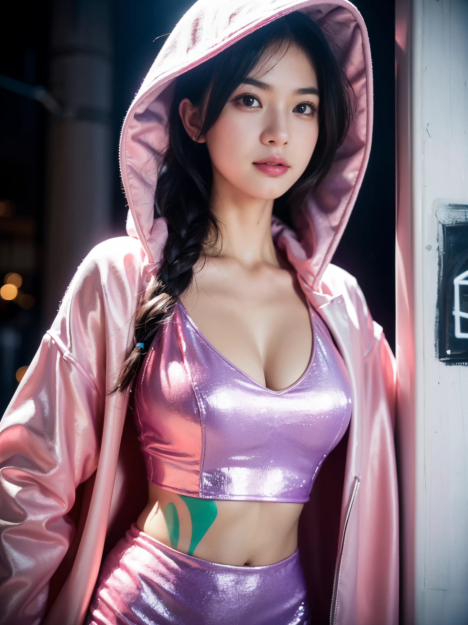 "(detailed background, masterpieces, best quality:1.2), smiling, accessories, hood, portrait, neon pink, graffiti, dark, night, bright eyes, purple glow, big breasts, film grain, cinematic lighting, Fujicolor, chiaroscuro, realistic, delicate"