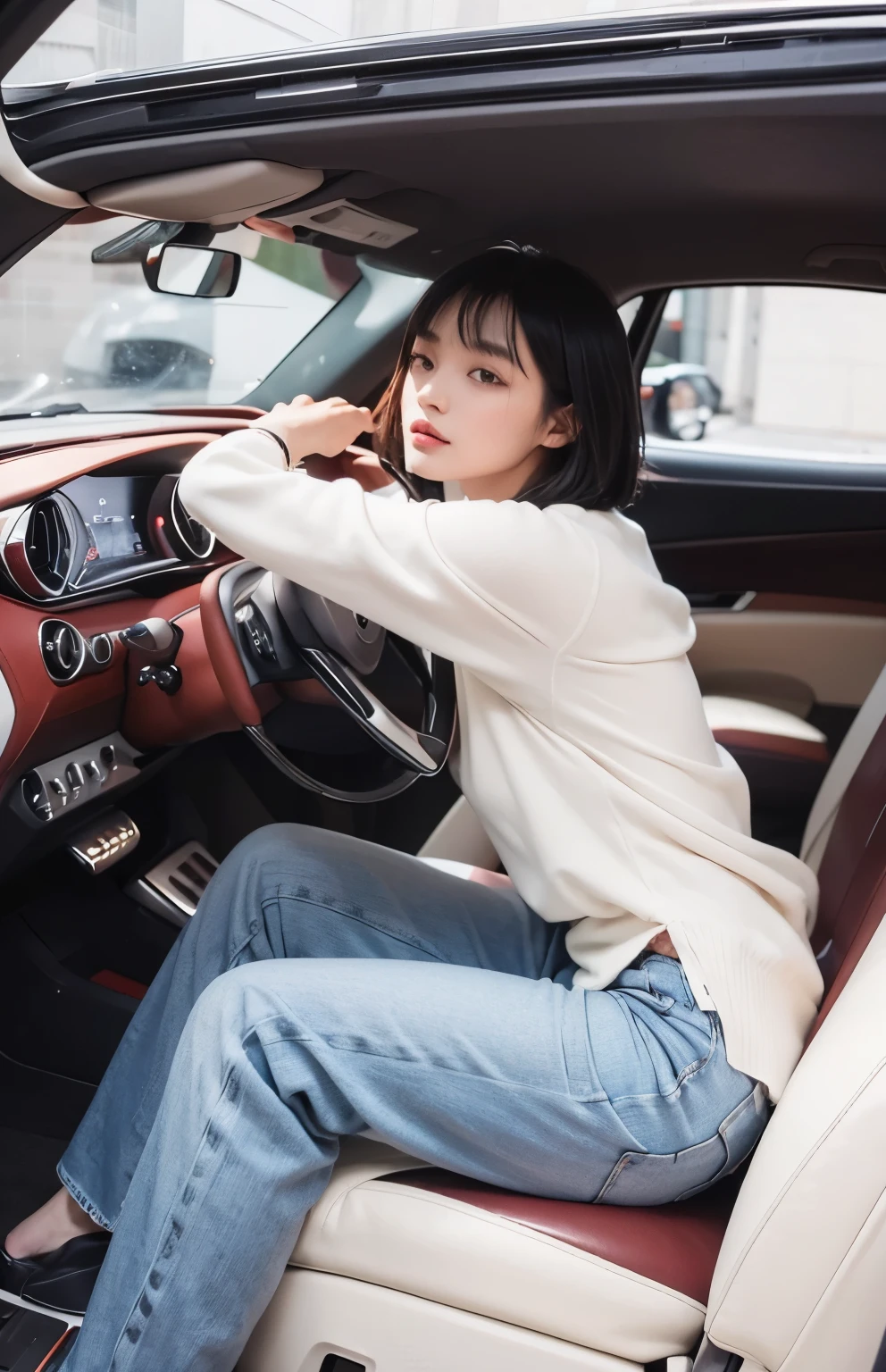 (Best quality, 8k, 32k, Masterpiece, UHD:1.2) "Generate a captivating artwork featuring a young Japanese girl model with short, sleek black hair styled in a chic bob haircut. Envision her bathed in dramatic cinematic lighting, creating an atmosphere of allure and mystery. Emphasize a romantic aesthetic vibe, showcasing the model in a poised and elegant pose that evokes a sense of intimacy and sophistication. Utilize warm and soft tones to enhance the romantic ambiance, and consider incorporating elements like flowing fabrics or flowers to add a touch of ethereal beauty. Capture the essence of romance and beauty through the model's expression, the play of light and shadows, and the overall aesthetic, creating a visually compelling and emotionally resonant piece." car interior, inside of a car