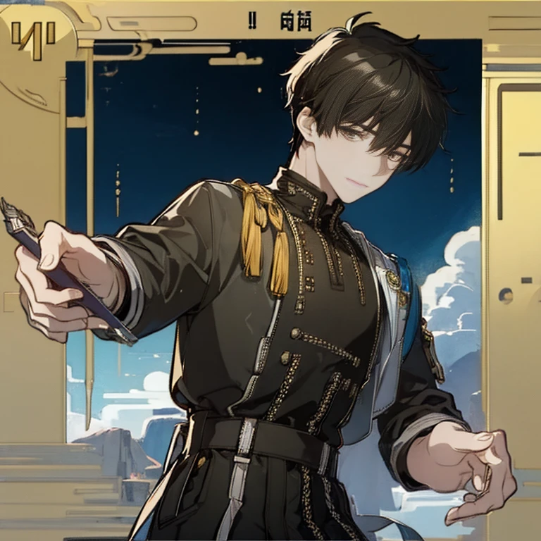 (in 8K、top-quality、masterpiece:1.2)、1 boy、short-haired、Hair short、Brown-skinned、Yellow view、