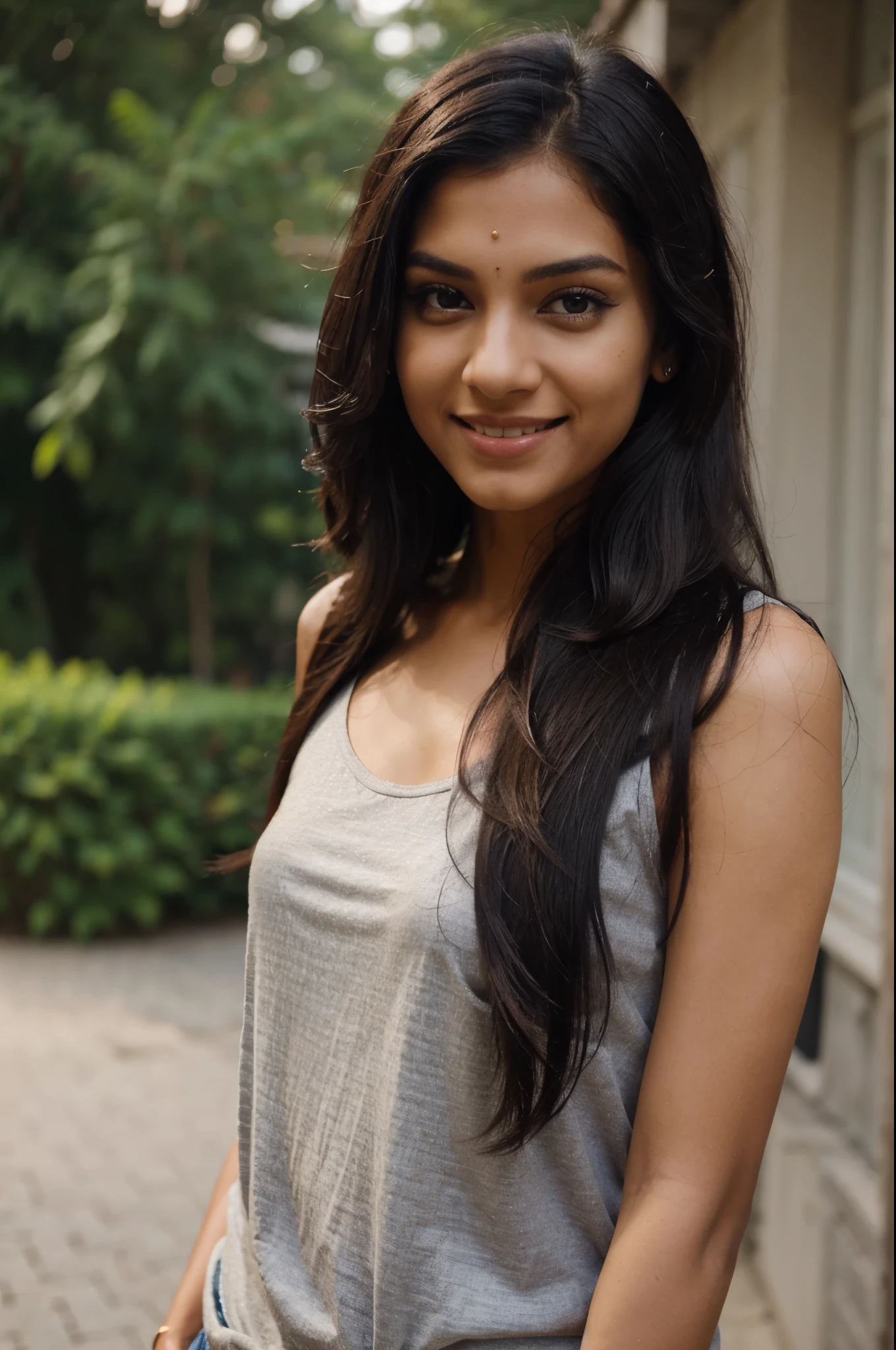 Midshot of beautiful woman, Indian, black eyes, dark long hair, side part hairstyle, slim, lady, aristocrat, smiling, without makeup, casual modern clothes,