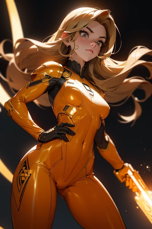 (best quality,8k:1.2,high resolution:1.2),ultra-detalhado,Realistic,retro space guardian female,static pose,long hair,rosto extremamente detalhados,long eyelashes,shine orange metalic armor over light brown nylon catsuit,all light beige pantyhose,gloves,Glossy metalic accessories,Physically-based rendering,foco nítido,studio lighting