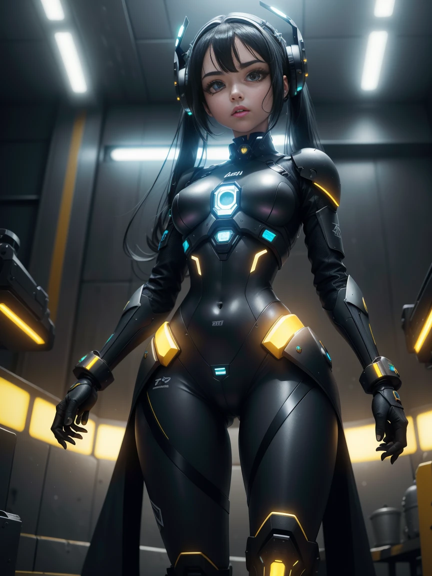 CGMECH, Olhos bonitos, parte superior do corpo, Peito Inferior, retrato, Robot, armadura, Hatsune miku, Neon light, 8k, .RAW, best quality, master part, ultra high-resolution, colorido, (Medium Wide Shot), (dynamic perspective), sharp focus , (profundidade de campo, Bokeh:1.3), olhos e rosto extremamente detalhados, belos olhos detalhados,seios grandes,(ouro negro, engrenagem aparada:1.2),(In a futuristic weapons factory:1.2), ((master part, best quality)), Antecedentes detalhados, Interior da nave espacial