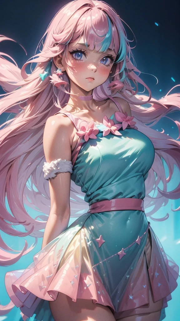 (fluorescent colors:1.4),(translucent:1.4),(retro filters:1.4), (fantasy:1.4), candy world Disney land ethereal soft fluffy soft landscape forest snowavatar Pastel pink sky green blue sparkle ethereal light pastel whimsical light rainbow stars diamonds sparkle gemstone background hyper realistic Ultra quality cinematic lighting immense detail Full hd painting Well lit,diagonal bangs, , collared dress,on side, masterpiece, best quality,realskin,(portrait:1.5), 1girl, blunt bangs, long hair