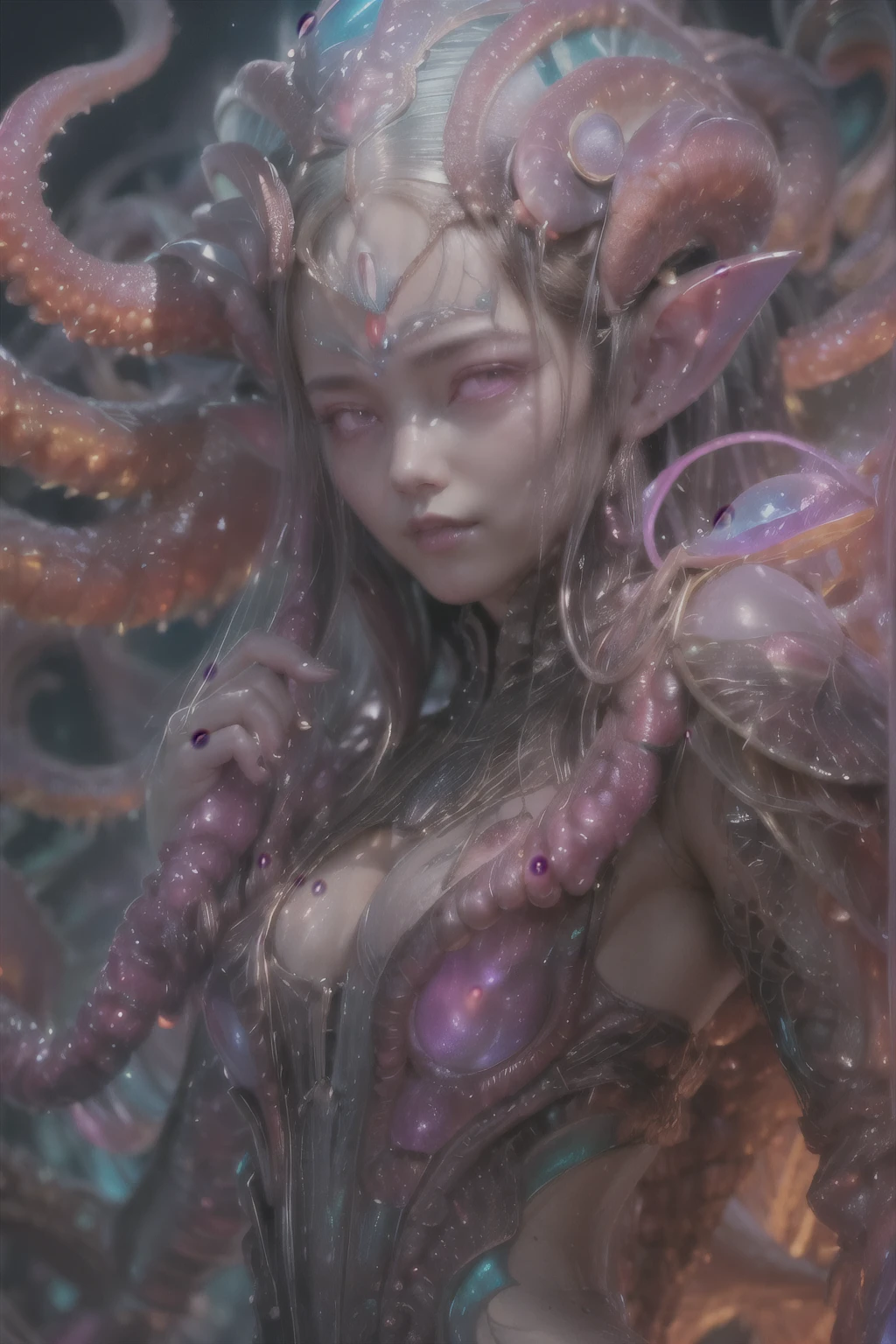 (1 beautiful and obscene female alien:1.4), (There is a female genital-like organ in the middle of her forehead:1.95), She has medusa-like hair, (there are lots of translucent tentacles from her head like her hair:1.5), (vulgarity1.7), (she is looking at viewers with glowing red eyes with no pupils:1.6), (She has translucent pale skin:1.4),(She has the most beautiful face in the history of the universe:1.2), (She has multiple bioluminescent organs on the side of her tentacles:1.4), (Her body is covered with an iridescent exoskeleton:1.4), (She is showing her arm pits:1.6), an evil gaze that seduces, (looking down at viewers:1.4),(Vampire-like long canine teeth can be glimpsed through the gap between the cute lips:1.4) (bio luminescent:1.4), (Smile wickedly:1.3), (sexypose:1.4), alien, No humans, cells are fused, extraterrestrial, cell, bio image, ultra high resolution, (photos realistic:1.7), (Numerous award-winning masterpieces, with incredible detail, textures and maximum detail), Dramatic Lighting, cinematic quality, (exquisite details:1.2), High freshness, drawing faithfully, (Thick eyebrows:1.2), Beautiful eyes with fine symmetry,(Highly detailed face and eyes:1.2),(Super detailed skin quality feeling:1.4), perfect anatomy, (Beautiful toned body:1.5), (Moist skin:1.2), not wearing makeup, (dark circles:1.1), long canines, cinematic drawing of characters, cinematic quality, (exquisite details:1.2), high resolution, High freshness, drawing faithfully, official art, Unity 8K Wall paper, ultra detailed artistic photography, midnight aura, unreal engine 5, Ultra Sharp Focus, art by Amano Yoshitaka, ArtGerm, ultra realistic realism, dream-like, Creation of fantasy, dream Snail, (biopunk nautilus:1.3),Thrilling color schemes, seductively smiling, Amazing mutation, well-proportioned body, goddess of the deep sea, fractal, Geometric pattern, impossible figures, subtle emerald green accents, (expression of ecstasy:1.4), (beautiful small breast and nipples:1.2)