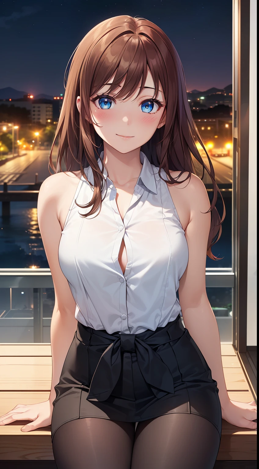 ((masterpiece, best quality, high resolution, ultra high definition, Pixel perfect, depth of field, 4K, RTX, human development report))), 1girl in, single, alone, Beauty、see whole body、 ((Long hair to waist, Short Liuhai, reddish brown hair)), ((blue eyes, beautiful eyelashes, realistic eyes)), ((Detailed face, blush:1.2)), ((smooth texture:0.75, lifelike质感:0.65, lifelike:1.1, Anime CG style)), medium breasts, Perfect body, ((Office worker suit, bare shoulders ,Black tights)), Smile, side sitting position, (The wind is strong and blows my hair,Expose left shoulder、Black tights) , Night view hot spring,Snowy nights