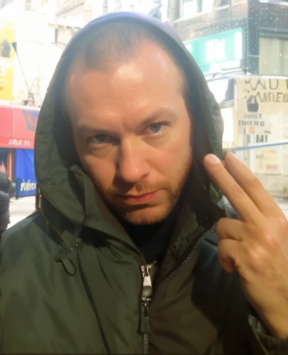 Close up of a face of a man in a green jacket, showing two fingers pretending it's a gun by his head, ((bold)), NY 70's, rainy night, big city, taxi driver movie color palette, city underground vibe, lost look, (unhappy), no future, (skinhead) , numb eyes, bom,  8k selfie photograph, patryk hardziej, aphex twin, Michael Gira 