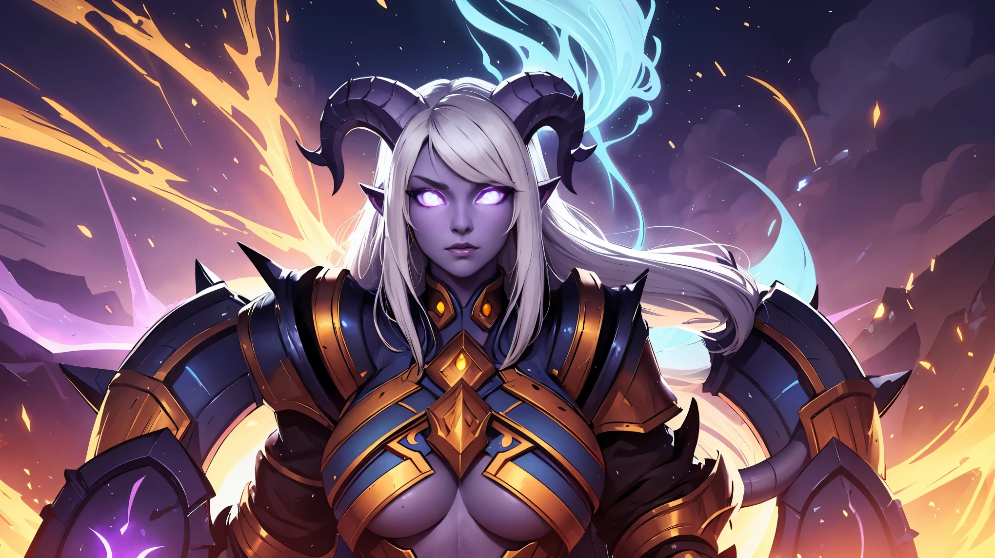 draenei, glowing eyes, colored sclera, tail ornament, hooves, plae blue skin, yellow eyes, white hair, paladin, heavy armor, long hair, fiery bacground , looking at the camera, studo lighting, luminous, beautiful