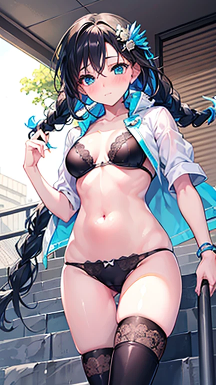Tazune rirei, nsfw, 8k, ultra-detailed, Masterpiece, best quality, aqua eyes, black hair, braid hair, middle chest, black bra, black panties, boots, standing on stairs, ((from below)), 1girl, solo, blush, embarrassed