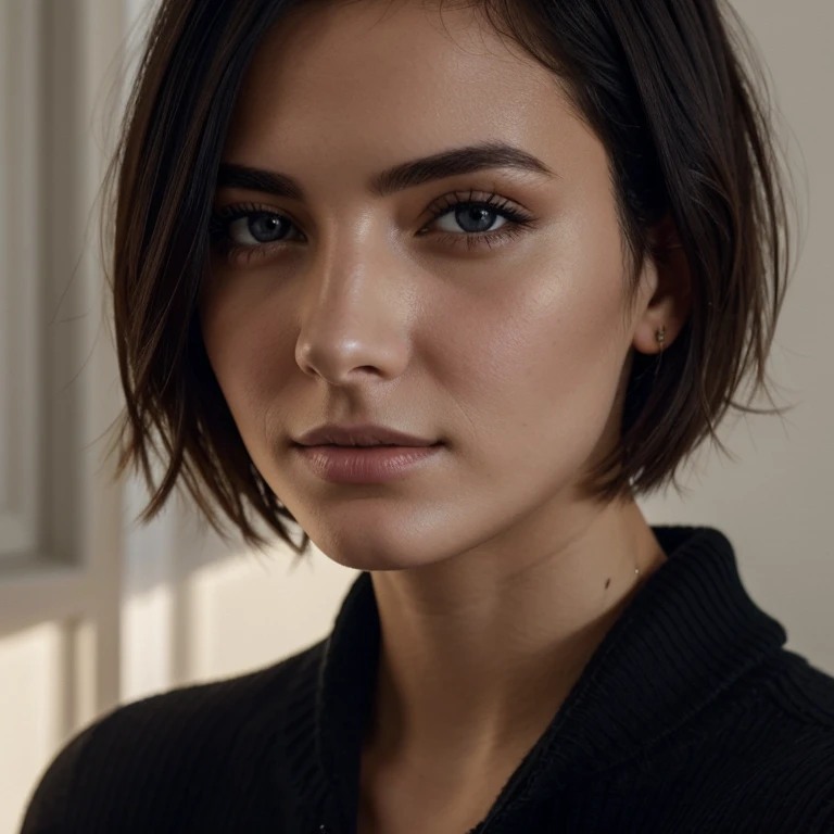 instagram photo, 21yo french woman, short hair, black hair, closeup portrait, sweater, cleavage, pale, hard shadows