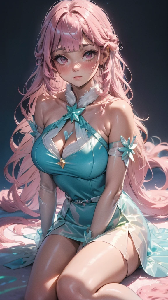 (fluorescent colors:1.4),(translucent:1.4),(retro filters:1.4), (fantasy:1.4), candy world Disney land ethereal soft fluffy soft landscape forest snowavatar Pastel pink sky green blue sparkle ethereal light pastel whimsical light rainbow stars diamonds sparkle gemstone background hyper realistic Ultra quality cinematic lighting immense detail Full hd painting Well lit,diagonal bangs, , collared dress,on side, masterpiece, best quality,realskin,(portrait:1.5), 1girl, blunt bangs, long hair, sitting down