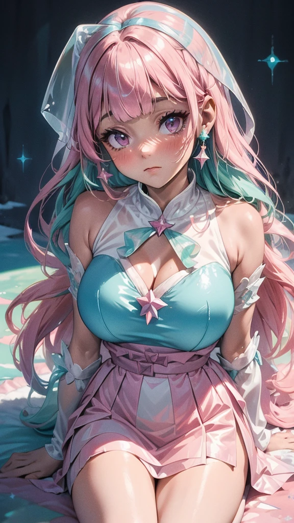 "kawaii, cute, adorable woman with pink, yellow, and baby blue color scheme. She is dressed in sky-themed clothes made out of clouds and sky motifs. Her outfit is fluffy and soft, with decora accessories like hairclips. She embodies the vibrant and trendy Harajuku fashion style." White hair, red eyes, horns, demon wings, big boobs,big ass, big lips, juicy lips, huge hair, smile