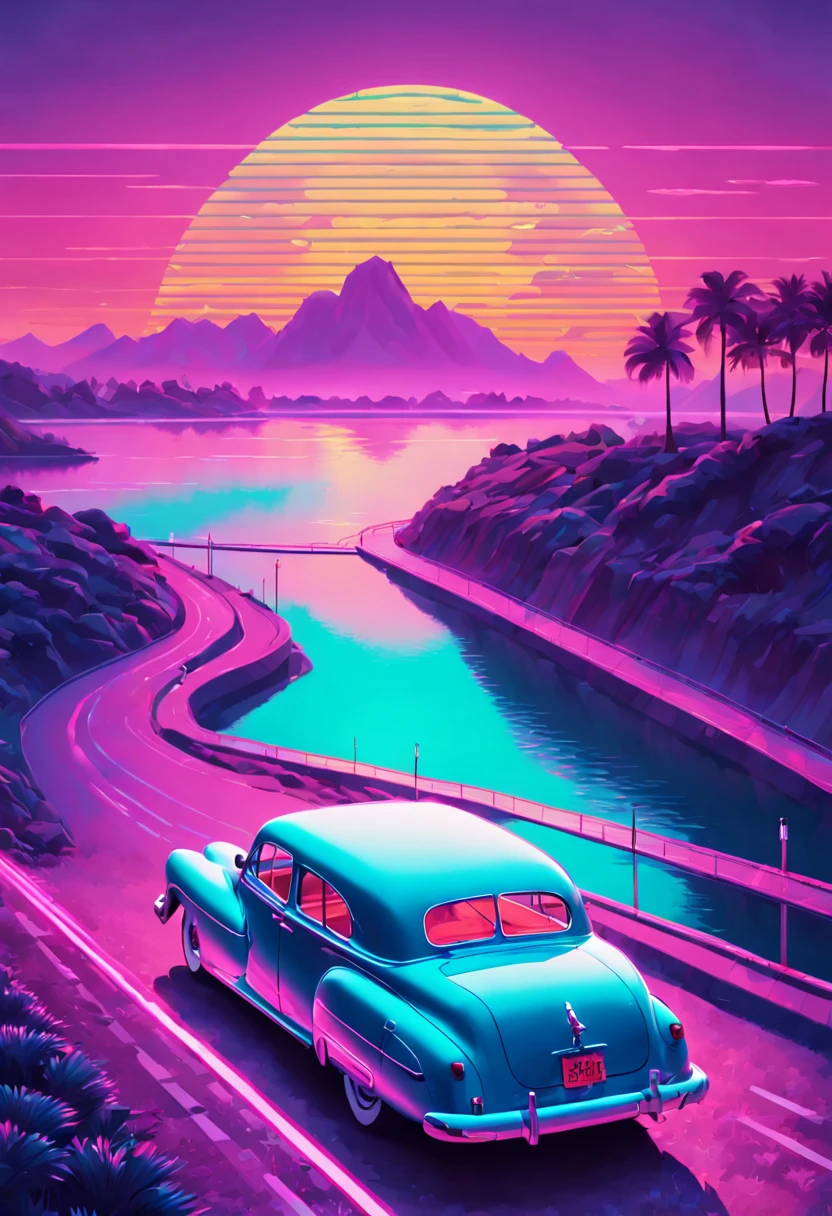 Vaporwave Aesthetic, perfectly symmetrical line grid in the sky, Neon and pastel color palette, nostalgic dreamscape, sunset in the background, road parallel with a river bank, 1940's era cars on the road, minimalist art design, extremely detailed, 8k resolution, isometric