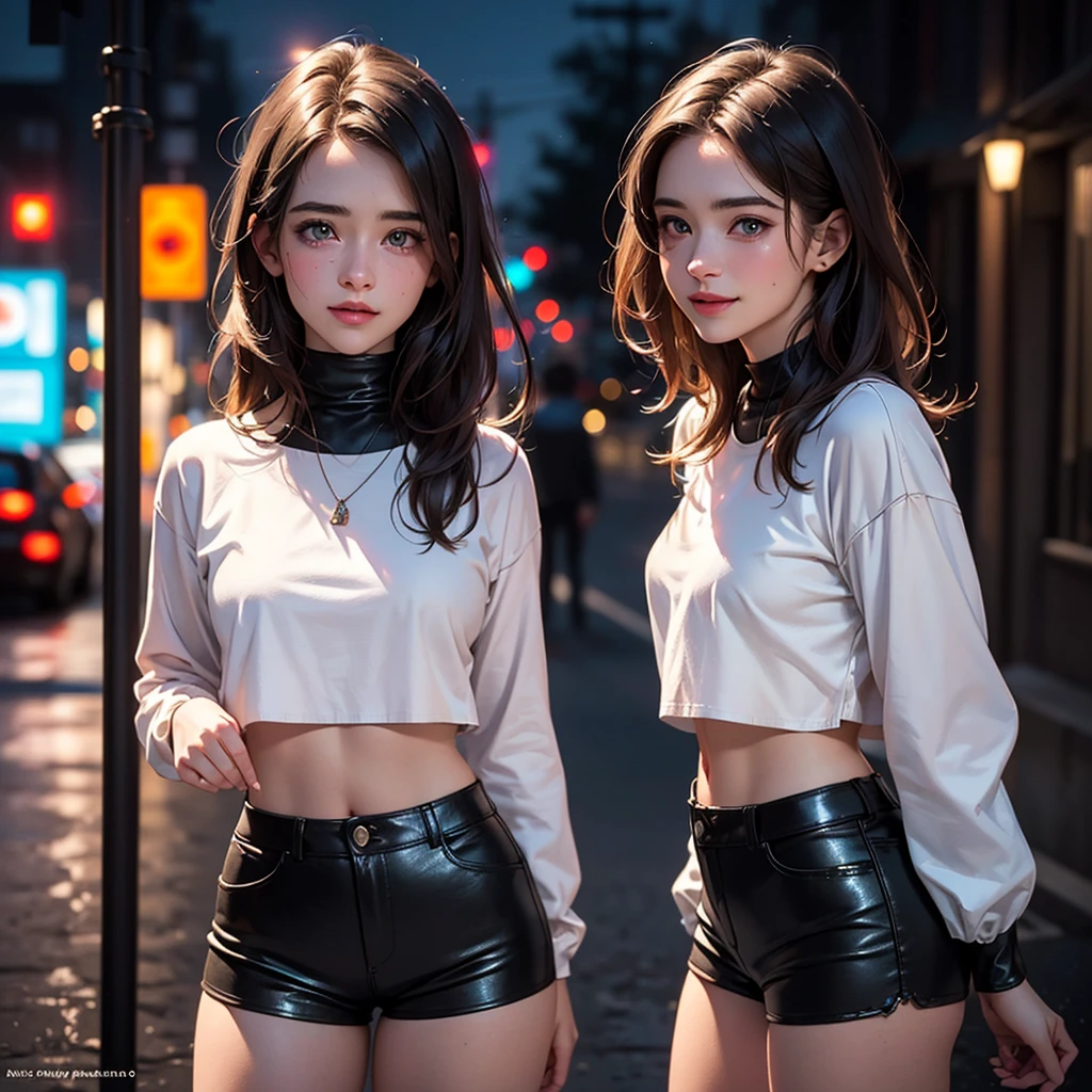 Foto hiperrealista en primer plano de Willa Fitzgerald, masterpiece, best quality, (photorealistic:1.4), (black leather long sleeves crop top:1.1), (black leather short shorts:1.2), night street after rain, neons, cinematic light, beautiful woman, skinny, small breasts, straight brown hair, detailed face, smile, photo taken from a distance, age 20 tears old