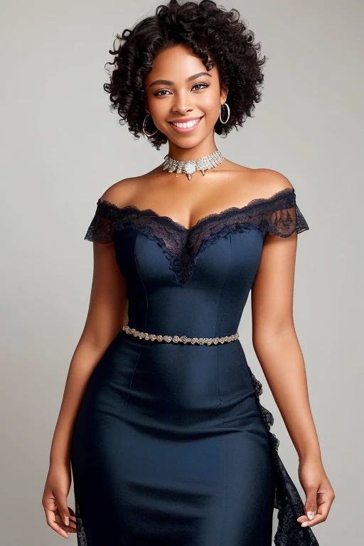 (masterpiece), (perfect artwork), (stunningly beautiful black girl), (piercing blue eyes), short curly black hair, (realistic: 1.4), best quality, super high resolution, (detailed: 1.2), ( expressive: 1.1), wearing a flowing blue dress, (confident: 1.3), showcasing her natural beauty, (gorgeous smile: 1.5)