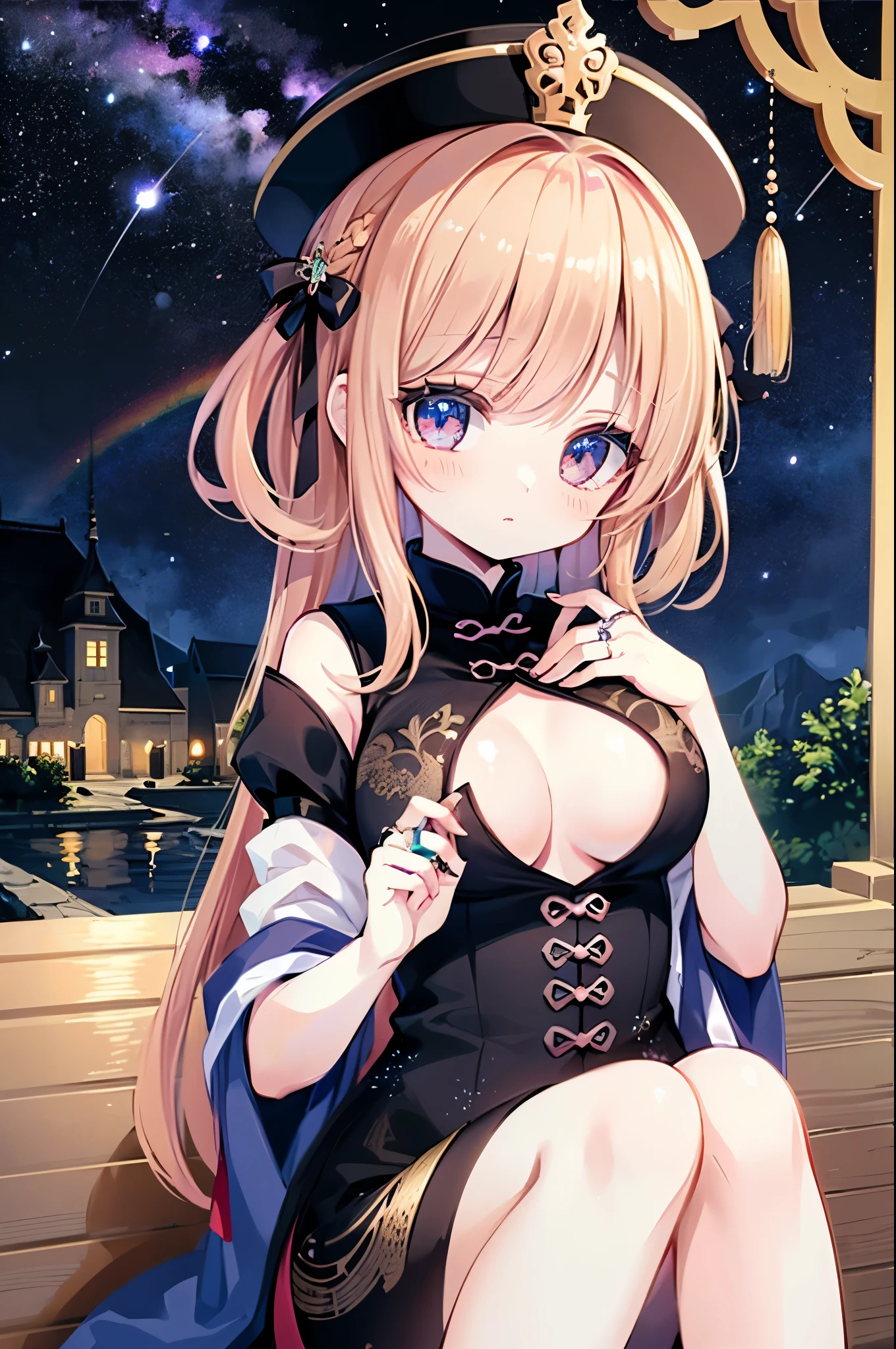 (masterpiece)、(highest quality)、((Super detailed))、(super delicate)、naughty chinese princess、Pastel colors hair、beautiful breasts、gorgeous castle、Fantastic starry sky、Rainbow Ring