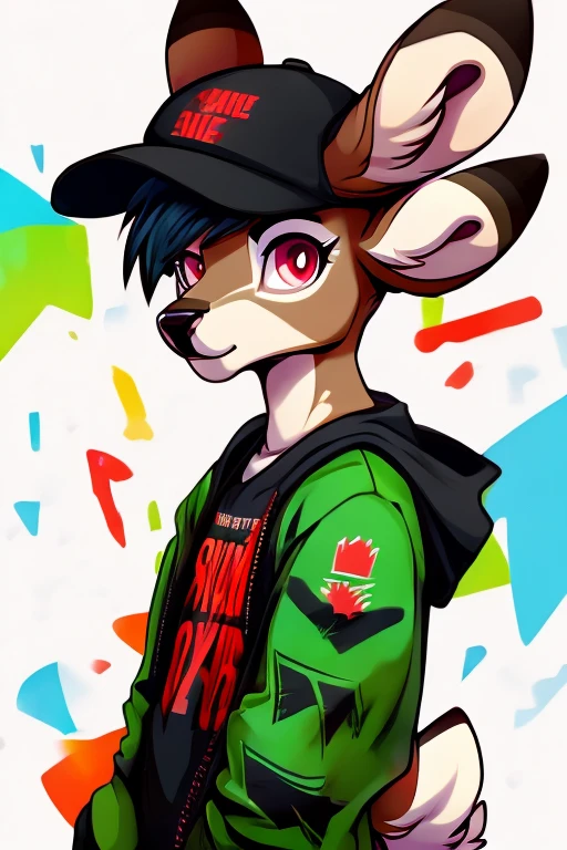 A anthro furry Deer without antlers and with a green and a red eye, anime hairstyle, black cap with the words "Game Over", wearing punk clothes and with baggy eyes, digital art, furry art.
