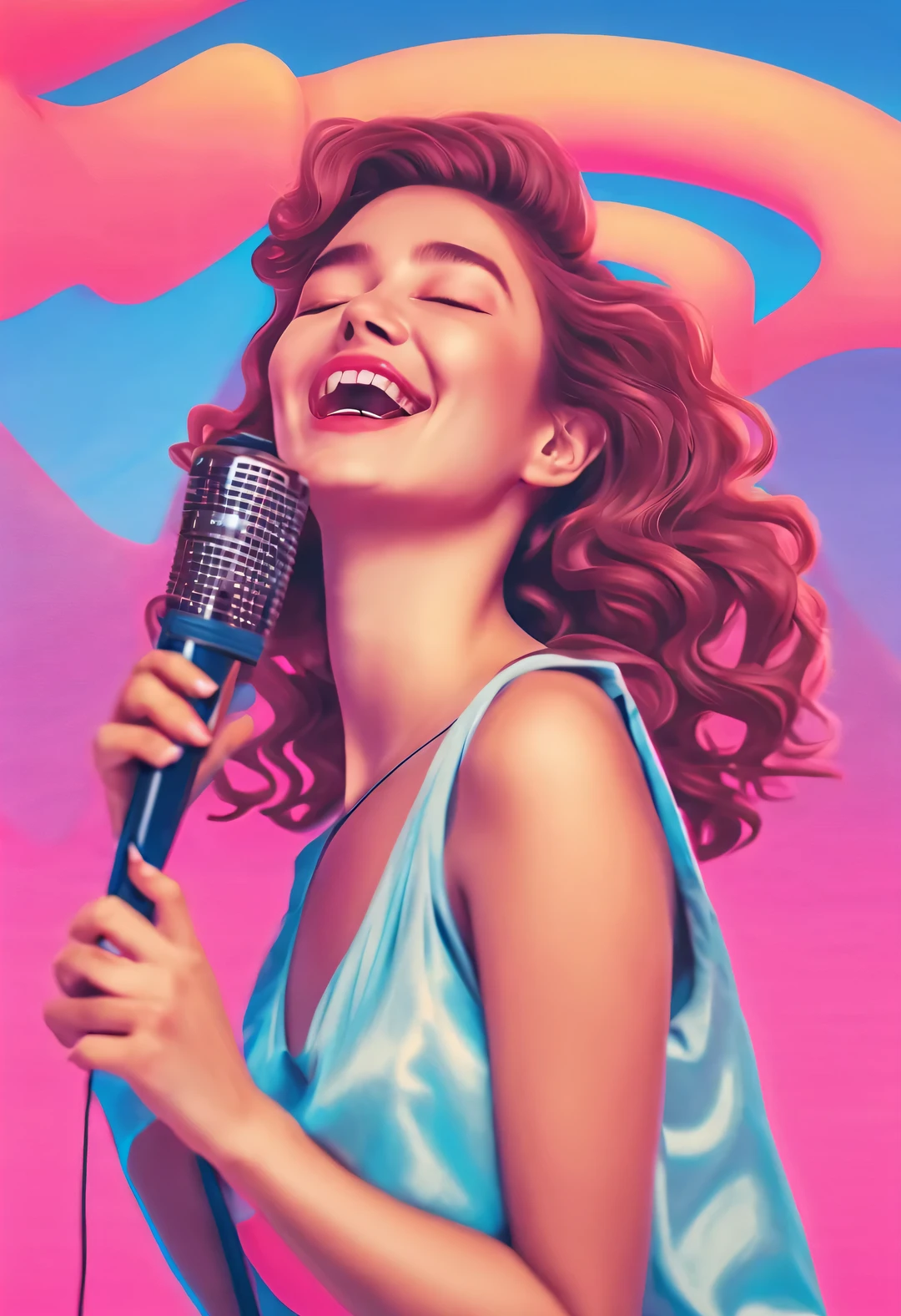 vaporwave style , portrait,girl singing happily,