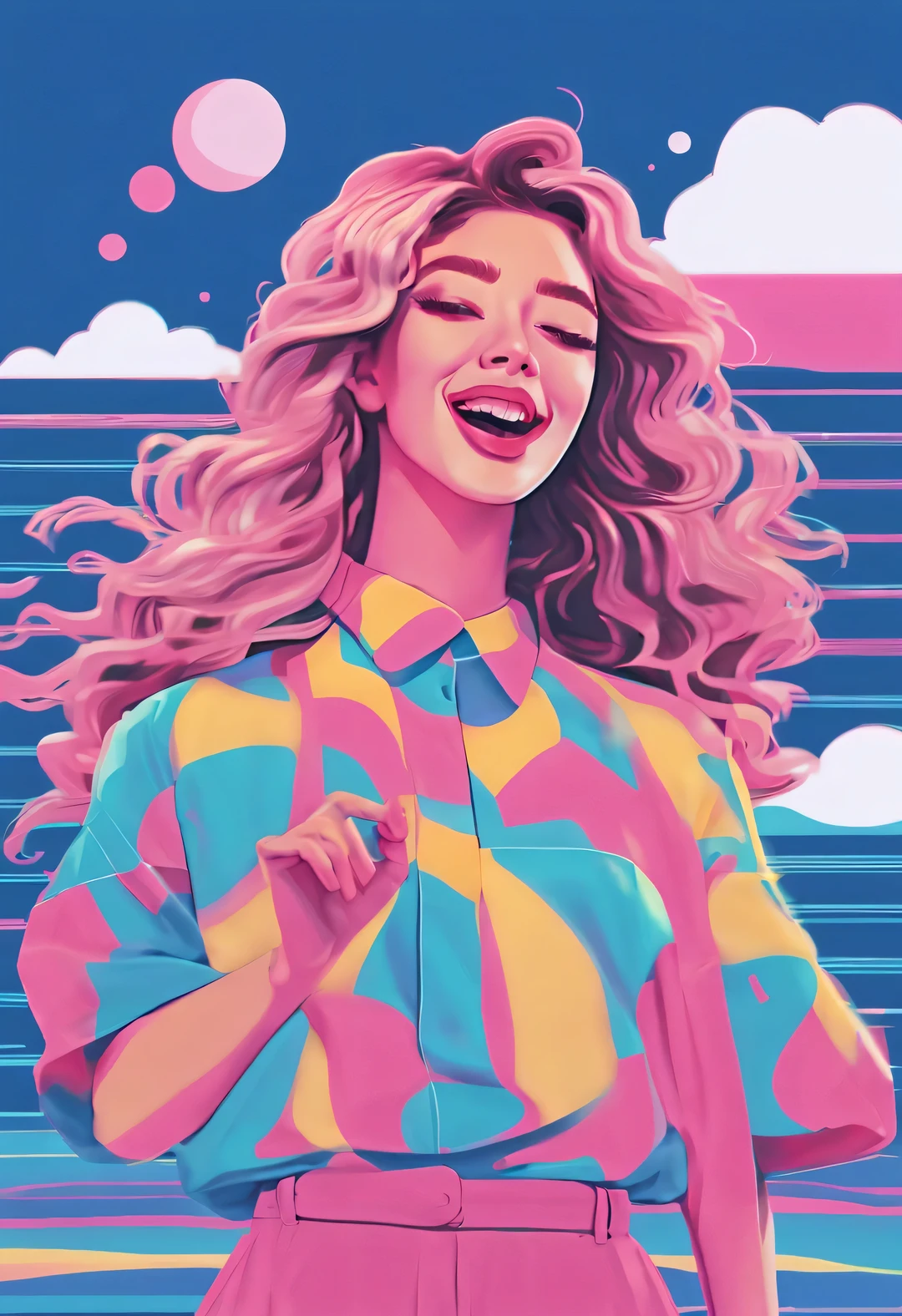 vaporwave style , portrait，girl singing happily，