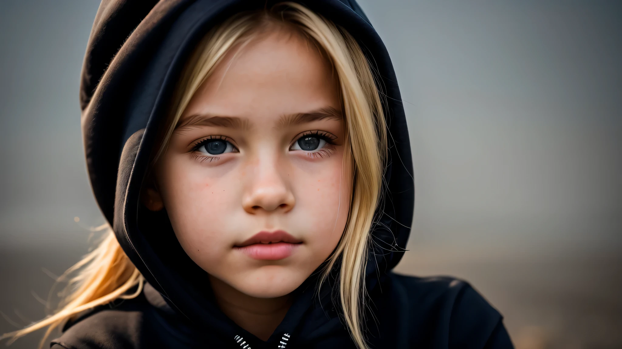 KIDS GIRL BLONDE in a black hoodie holding her head in her hands, KIDS girl wearing hoodie, in a black hoodie, close up portrait photo, gorgeous young model, in a hoodie, portrait black and white portrait, wearing a black hoodie