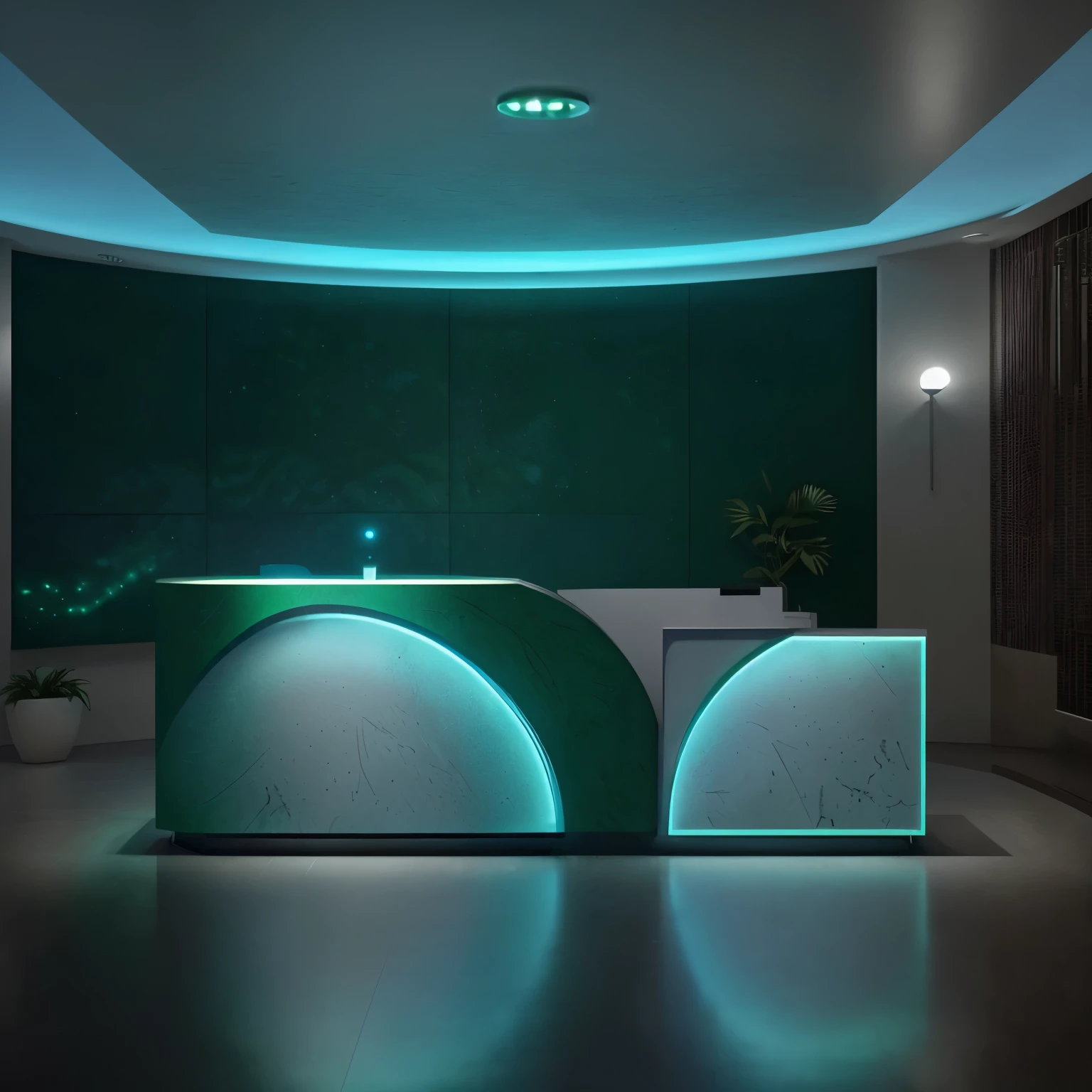 best quality, 8k, realistic, ultra-detailed, reception, green blue design, lighting, circle panel on wall, lighting around the circle panel.