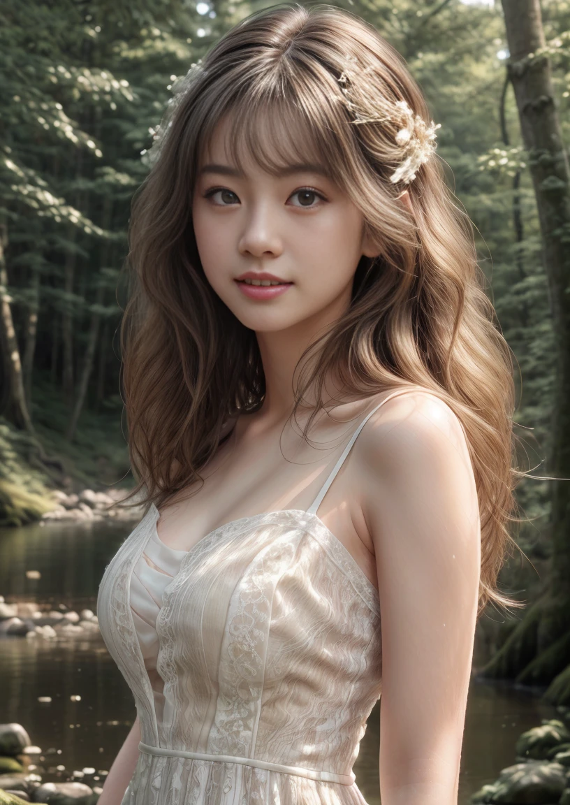 highest quality,masterpiece,ultra high resolution,(photo-realistic:1.4),looking at the viewer,(white lace dress),whole body,standing posture,look back,japanese girl,smile,(ultra wavy hair),(masterpiece:1.3), (8K, realistic, RAW photo, highest quality: 1.4), (1 girl), beautiful face, (realistic face), (short hair),beautiful hairstyle,green forest,with deer